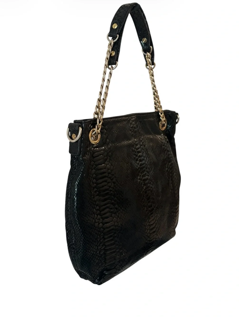 Michael Kors Black Snake-Texture Tote Bag with Gold Chain Handles